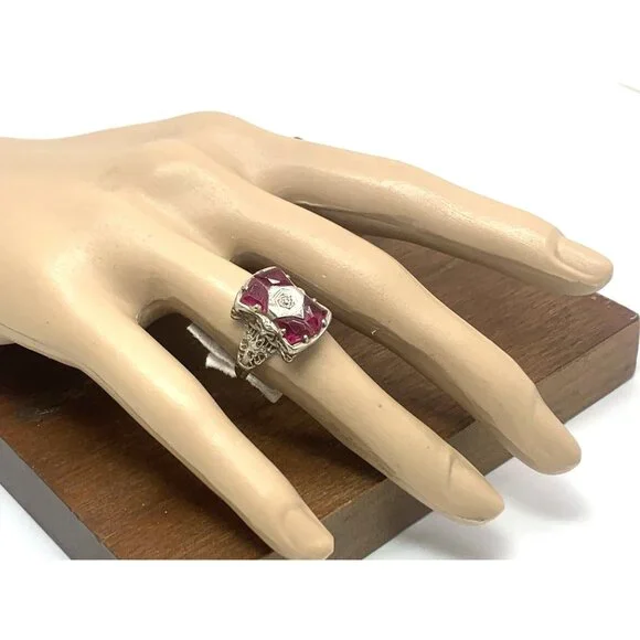Filigree Pink Gemstone Diamond Cocktail Ring 14k White Gold Women's Size 8